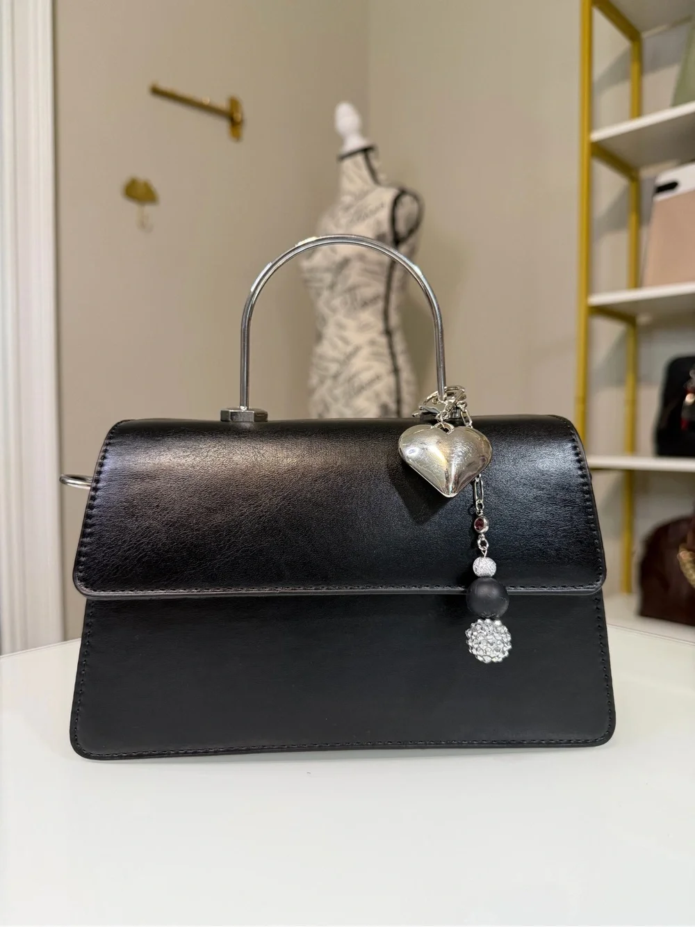 Women's Top-Handle Bag Black with Heart Scarf Accent